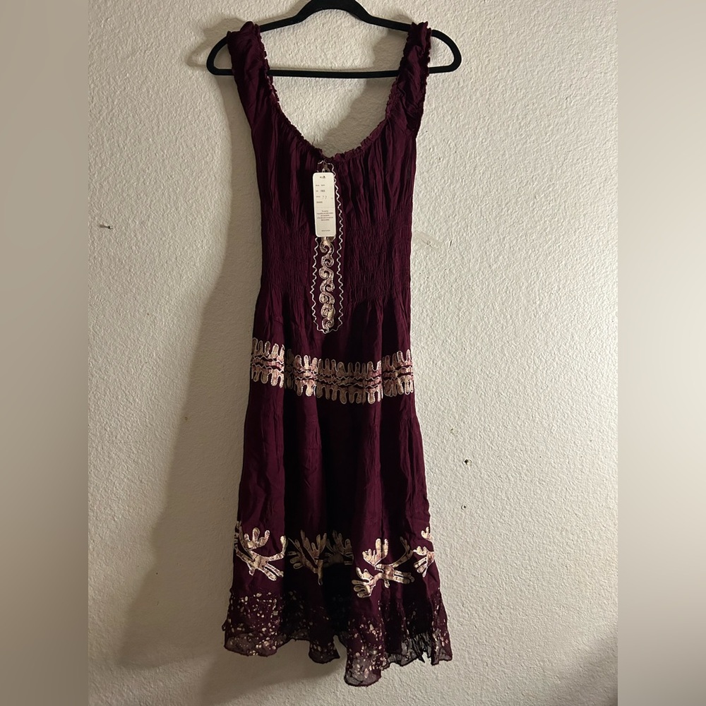 Advance Apparels Deep Burgundy Midi Dress with Cream Embroidery
